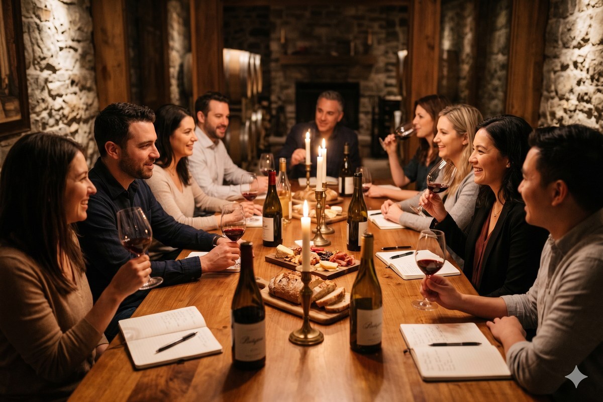 Opimian members gathered around a candlelit table in a stone cellar, sharing wine and conversation at a member event