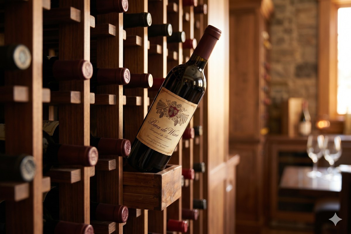 A bottle of red wine being selected from a curated wooden wine rack in a warmly lit home cellar, evoking Opimian’s deliberate, discovery-driven approach to wine access