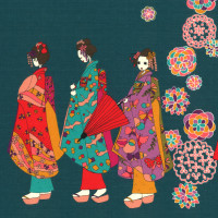 Cotton 'Geisha' fabric, Turquoise (KTS2479B)