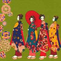 Cotton 'Geisha' fabric, Navy - KTS-2479F