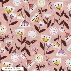 Image of printed cotton in pink, white and burgundy.  Width: 110cm. Composition: 100% cotton