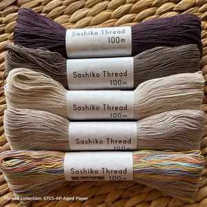 Explore this range of superior quality sashiko threads by Olympus Thread. This collection contains five 100m skeins of thread in earthy/aged tones.