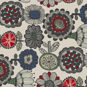 Cotton/linen blend printed  retro floral fabric, cream/red AP42902-1A