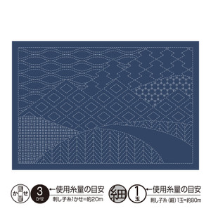 Japanese sashiko Mountain Range Hana Fukin placemat pre-stencilled on traditional navy sarashi cotton featuring a repeating mountain pattern.