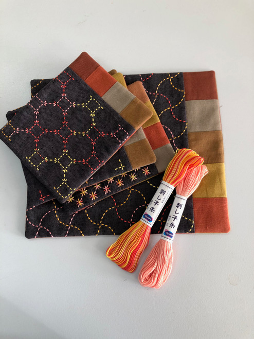 Sashiko Reversible Mug Mats & Placemat Kit SKPM-0331 (Grape Colour)