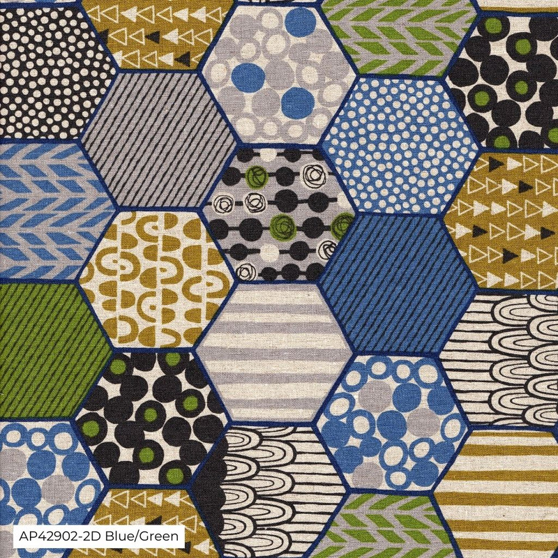 Image of printed 'canvas in patchwork style blue and green  Width: 110cm. Composition: 85% cotton, 15% linen Image of printed 'canvas in patchwork style blue and green  Width: 110cm. Composition: 85% cotton, 15% linen