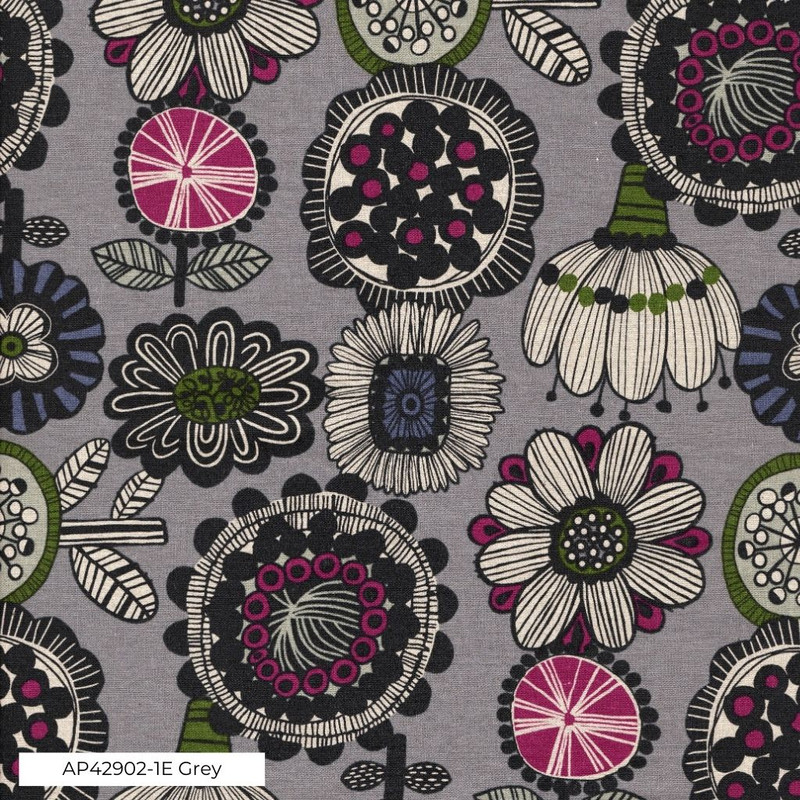 Image of printed 'canvas in grey.  Width: 110cm. Composition: 85% cotton, 15% linen