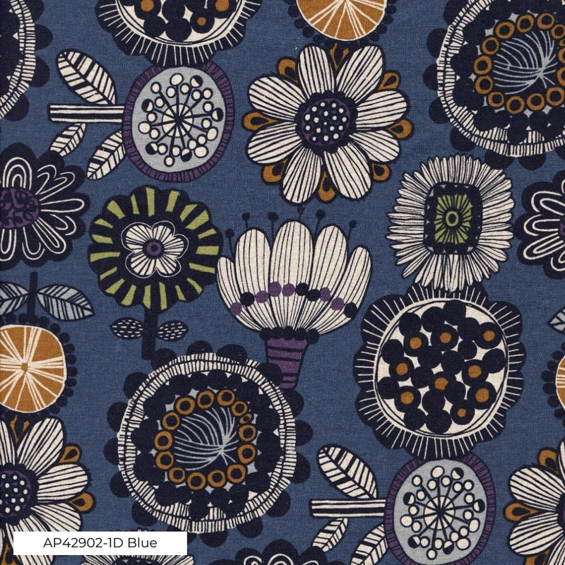 Image of printed 'canvas in blue.  Width: 110cm. Composition: 85% cotton, 15% linen