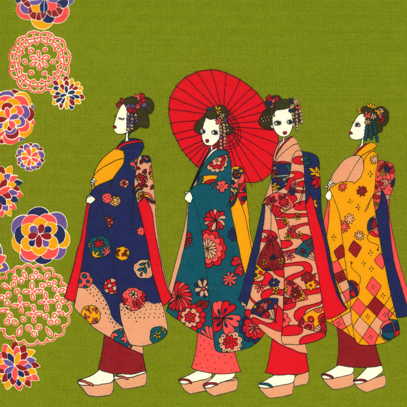 Cotton 'Geisha' fabric , Lime (KTS2479G)