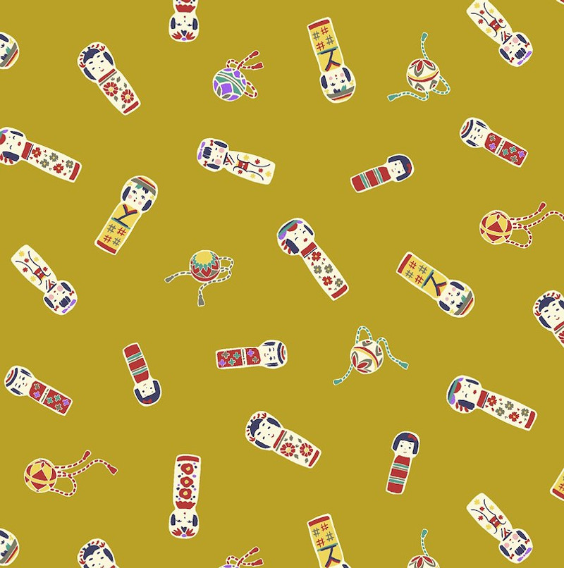 Kokeshi Dolls, Mustard, 100% cotton