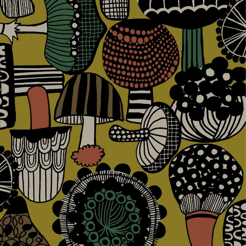 Mushrooms on mustard, printed canvas 100% cotton