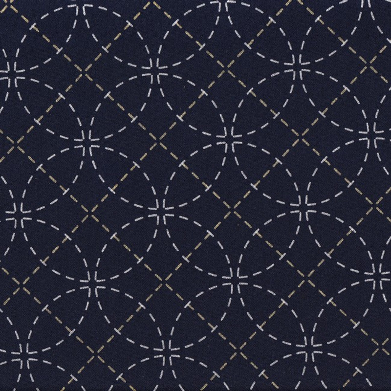 Stencilled Sashiko Fabric Interlocking Circles Black Stencilled Sashiko Fabric Interlocking Circles Black