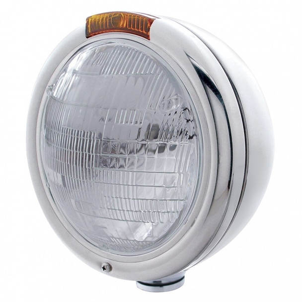 Stainless Steel "Classic" Peterbilt Sealed Beam Headlight W/ Incandescent Signal Light - Amber