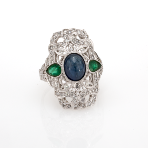 Vintage Sapphire Emerald & Diamond Statement Ring 18K White Gold 5.75 CTW