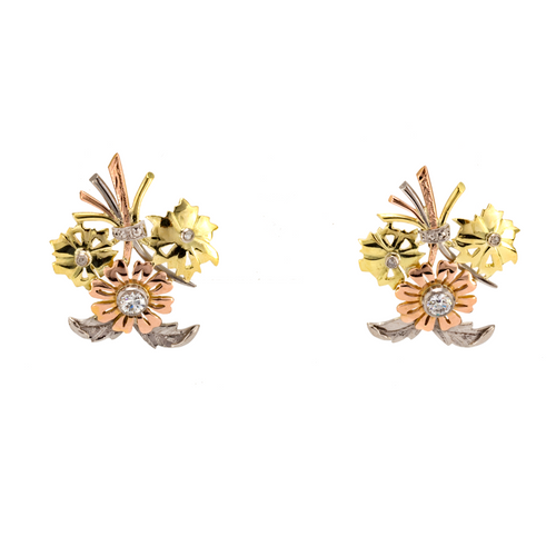 Vintage Floral 18K 3 Tone Color Gold Stud Earrings 0.35 CTW Round Diamonds