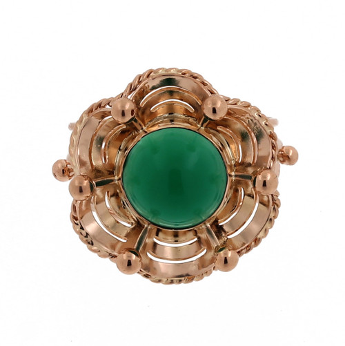 Green Onyx Floral Ring 18K Y/Gold Round Cabochon Gem SZ 5.75