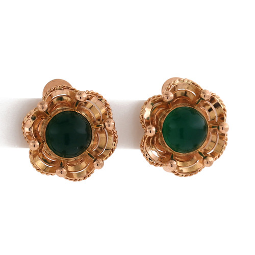 Green Onyx Cabochon Floral Earrings 18K Yellow Gold 9MM Gem Clip On Estate