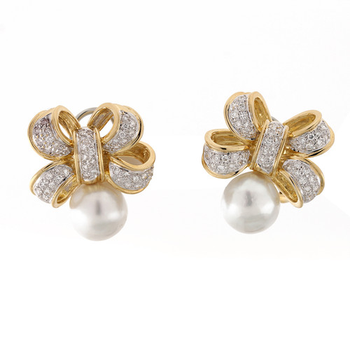 Vintage Pearl Diamond Accent Bow Earrings 18K Two-Tone Gold 2.30 CTW 12 mm