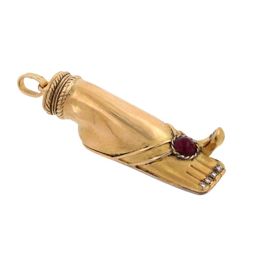 Vintage 18K Yellow Gold "FRED" Ruby & Diamond Foot Pendant Charm 1.95"