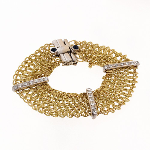 Diamond 18K Two-Tone Gold Mesh Diamond & Sapphire Bracelet 6.5" 0.80 CTW