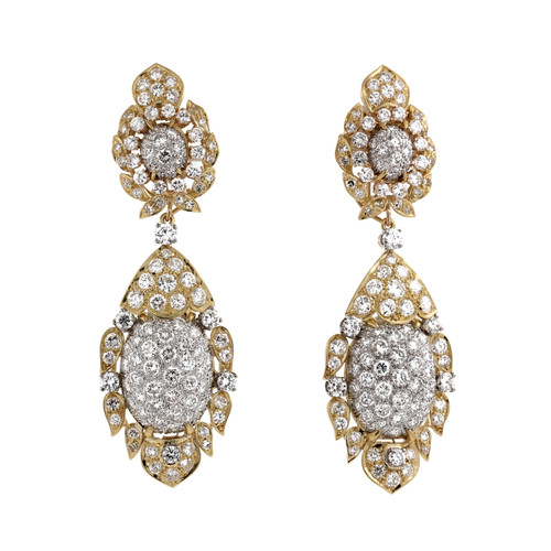 Estate 18 K Two Tone Diamond Dangle Floral Earrings 2.75" 15.00 CTW