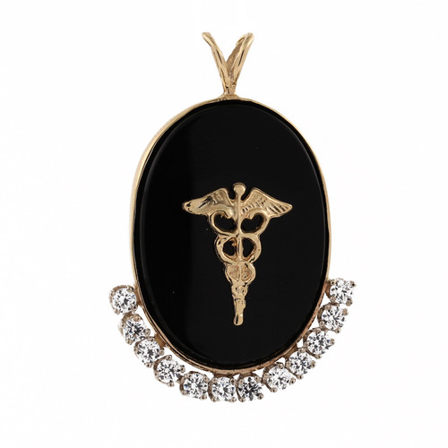 Black Onyx & Cubic Zirconia Caduceus Charm Pendant In 14K Yellow Gold 1.60"