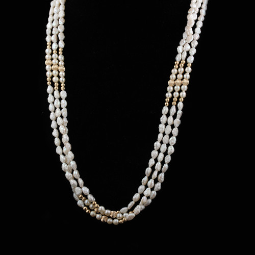 14K 3 Strand Freshwater Pearl Necklace & Yellow Gold Beads 34"