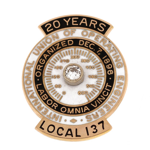 International Union Engineers 20 Years Service Pin 14K Y/Gold 0.08 CT Diamond