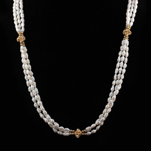 14K Yellow Gold Freshwater Rice Pearl Triple Strand Long 30 Inch Necklace