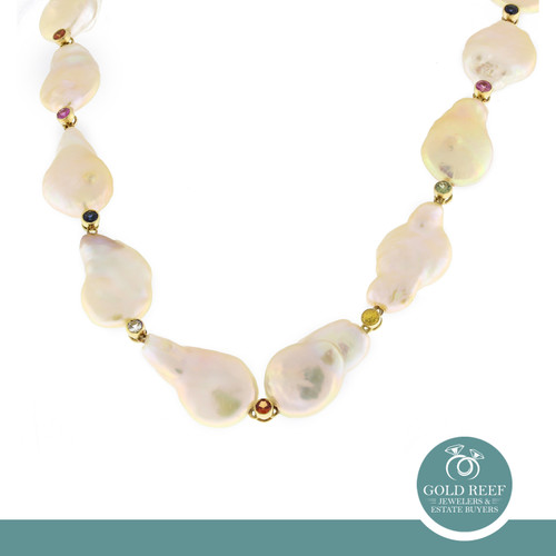 Yvel Baroque Pearl Multi-Colored Topaz Gemstone Necklace 18K Yellow Gold 17"