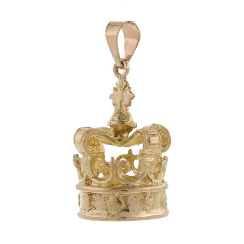 Vintage French Fleur-De-Lis Crown Charm Pendant 9K Yellow Gold 1.15" Royalty