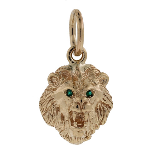 Lion Head Pendant Charm 14K Yellow Gold Green Gem Bead Eye Accents Estate 1.15"