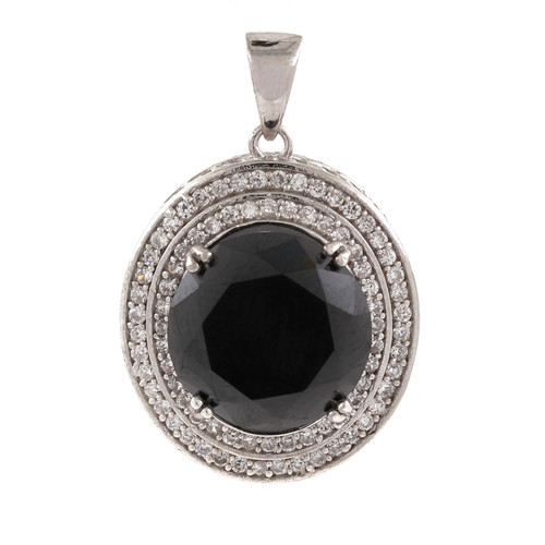 Oval Halo Pendant Charm Sterling Silver Black and White Stone Ladies 1.15"