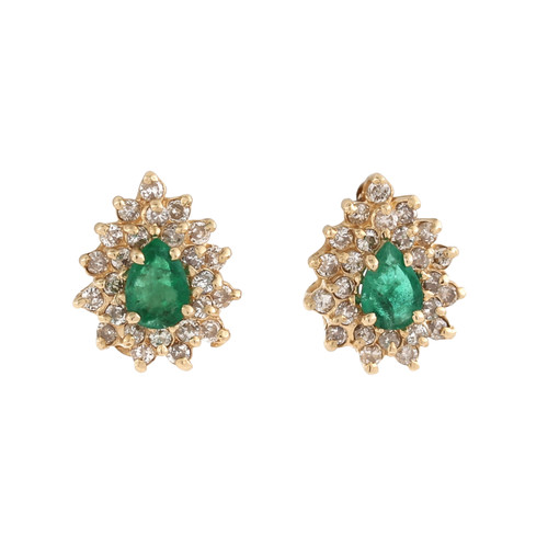 Pear Shape Emerald Diamond Halo Stud Earrings Yellow Gold 1.53 CTW Estate