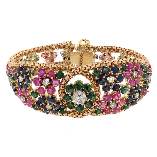 Vintage Sapphire Ruby Emerald Diamond Floral Bracelet 18K Y/Gold 14.93 CTW 6"