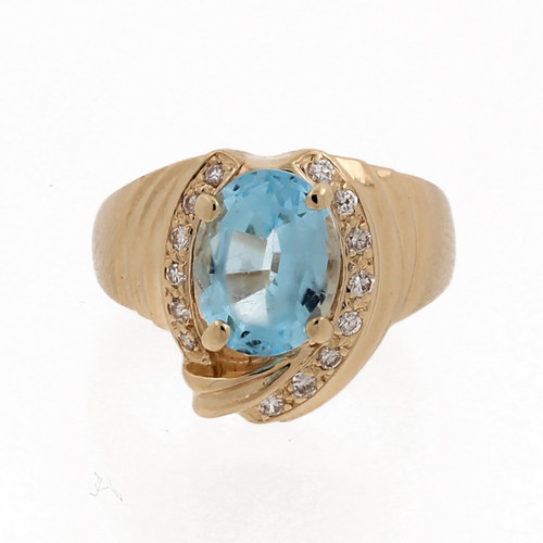 Swiss Blue Topaz Diamond Statement Ring 14K Yellow Gold Swirl 2.65 CTW SZ 6