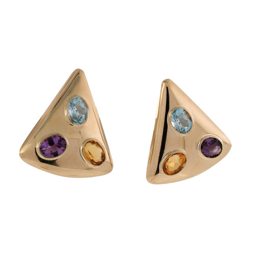 Multi Gemstone Triangle Earrings 14K Yellow Gold 8.00 TW Omega Backs Estate