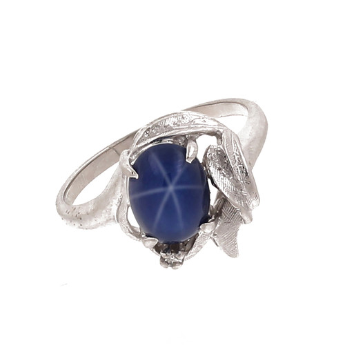 Blue Star Sapphire Diamond Cocktail Ring 14K W/Gold Oval Cabochon Gem Size 7.25