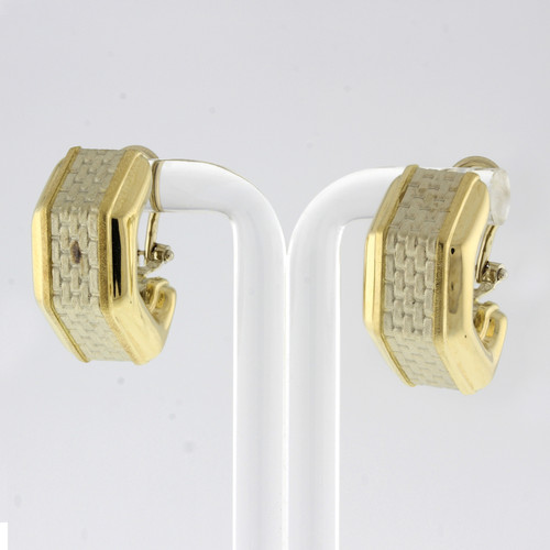 Estate J-Hoop Earrings 14K Italian Two-Tone Gold Weaved Braided Omega Backs 0.75"