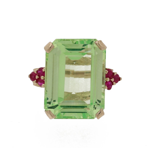 Emerald Cut Green Spinel & Ruby Statement Ring 14K Yellow Gold SZ 6 Estate
