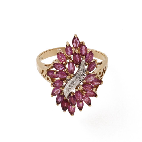 Diamond Ruby Flower Cocktail Ring 14K Two-Tone Gold 1.25 CTW Size 7.25 Estate