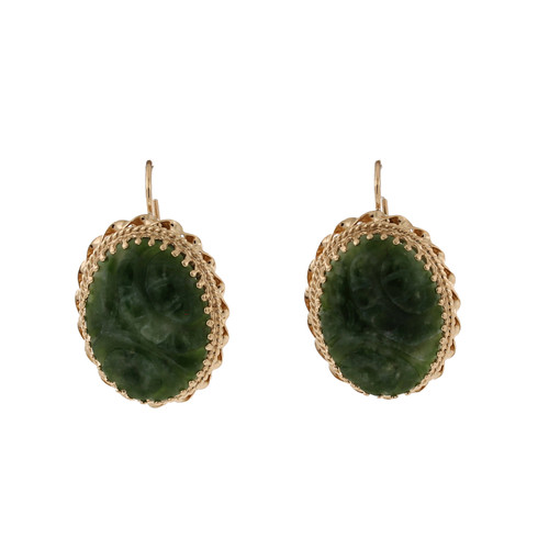 Vintage Green Nephrite Jade Drop Dangle Earrings 14K Yellow Gold 1.15" Estate