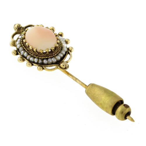 Vintage Peach Moonstone Pearl Accent Brooch Pin 14K Yellow Gold 9 x 7 Gem 2"