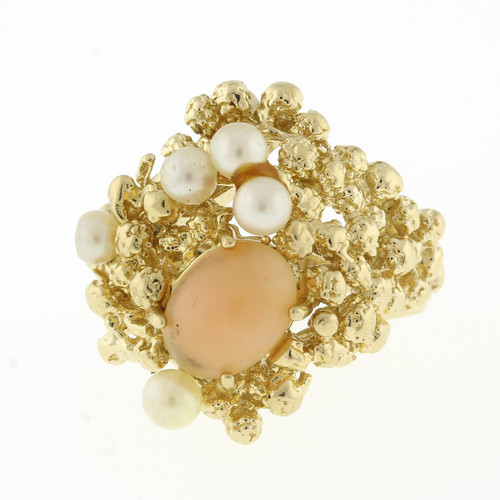 Vintage Oval Peach Moonstone Pearl Accent Statement Ring 14K Yellow Gold SZ 3.25