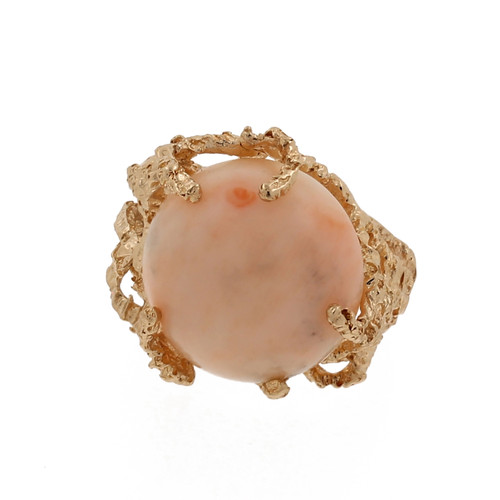 Angel Skin Coral Cabochon Gemstone Claw Ring 14K Y/Gold 4.40 TW Round Gem SZ 6