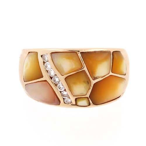 Mosaic Mother of Pearl Diamond Wide Band Ring 14K Yellow Gold Size 7.25 Estate