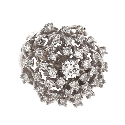 Diamond Cluster Dome Ring 14K White Gold 1.57 CTW Round Diamonds Size 6 Estate