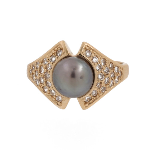 Tahitian Pearl Diamond Cocktail Ring 14K Yellow Gold 0.70 CTW SZ 7 Ladies Estate