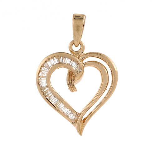 Open Heart Diamond Pendant Charm 14K Yellow Gold 0.50 TW Baguette Diamonds 1.15"