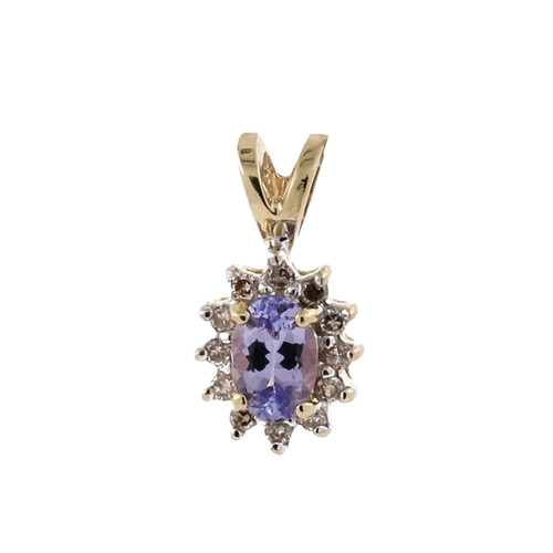 Floral Halo Diamond Blue Glass Pendant Charm 10K Two-Tone Gold 0.12 CTW 0.60"